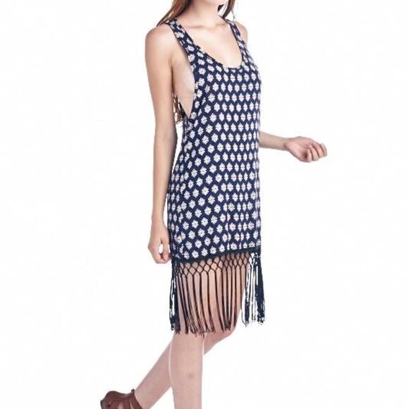 NEW!
Navy and White Tank Dress with Long Fringed Bottom Floral Boho Hippie - Picture 2 of 4